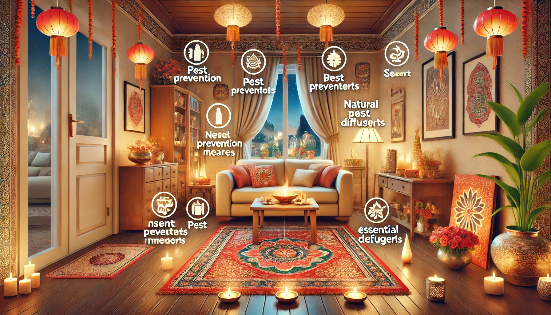 Festive Diwali-themed clean home with diyas, flowers, rangoli, and pest prevention measures like sealed windows and clutter-free spaces.