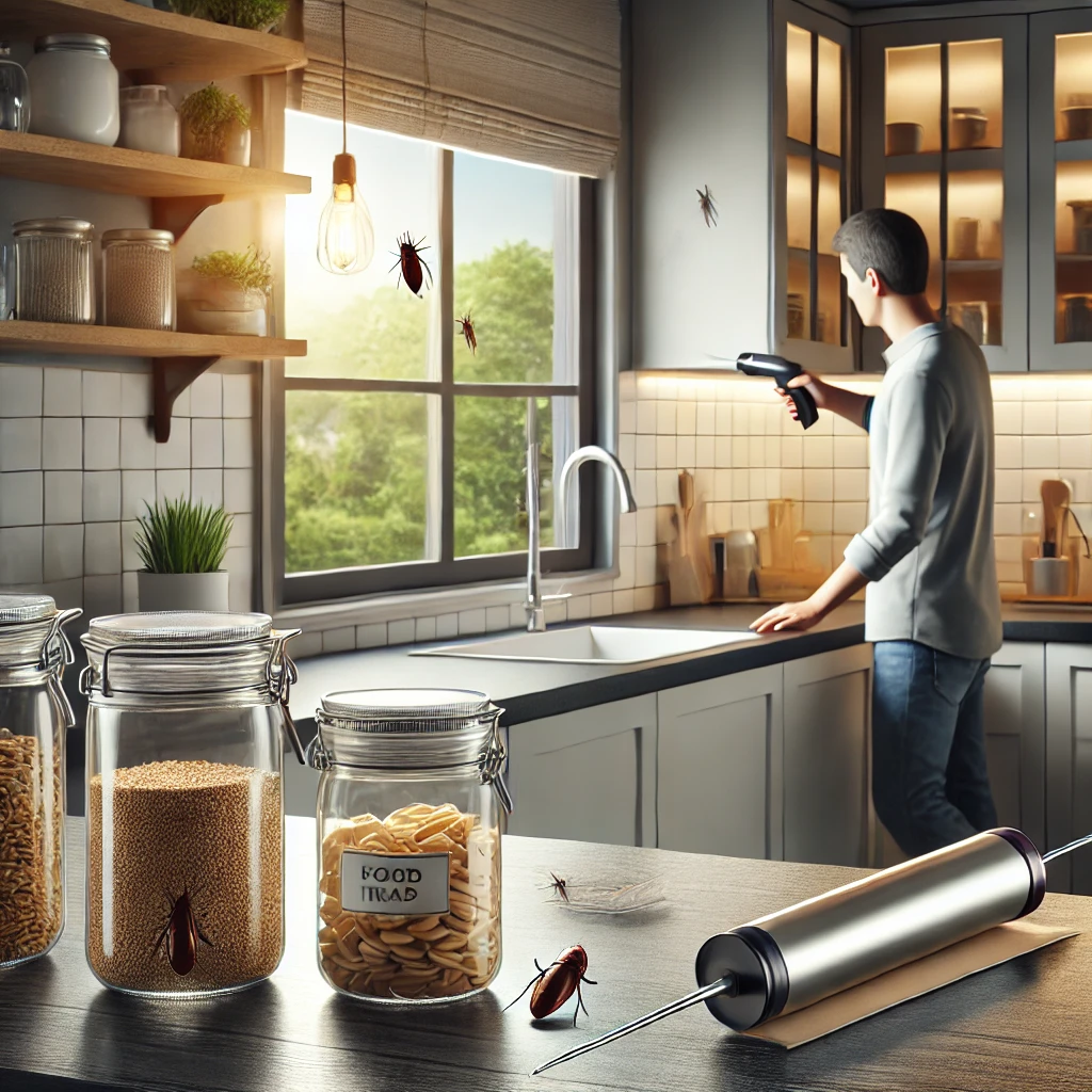 Clean, organized kitchen with airtight food storage containers and a person sealing gaps by the window to prevent cockroach entry.