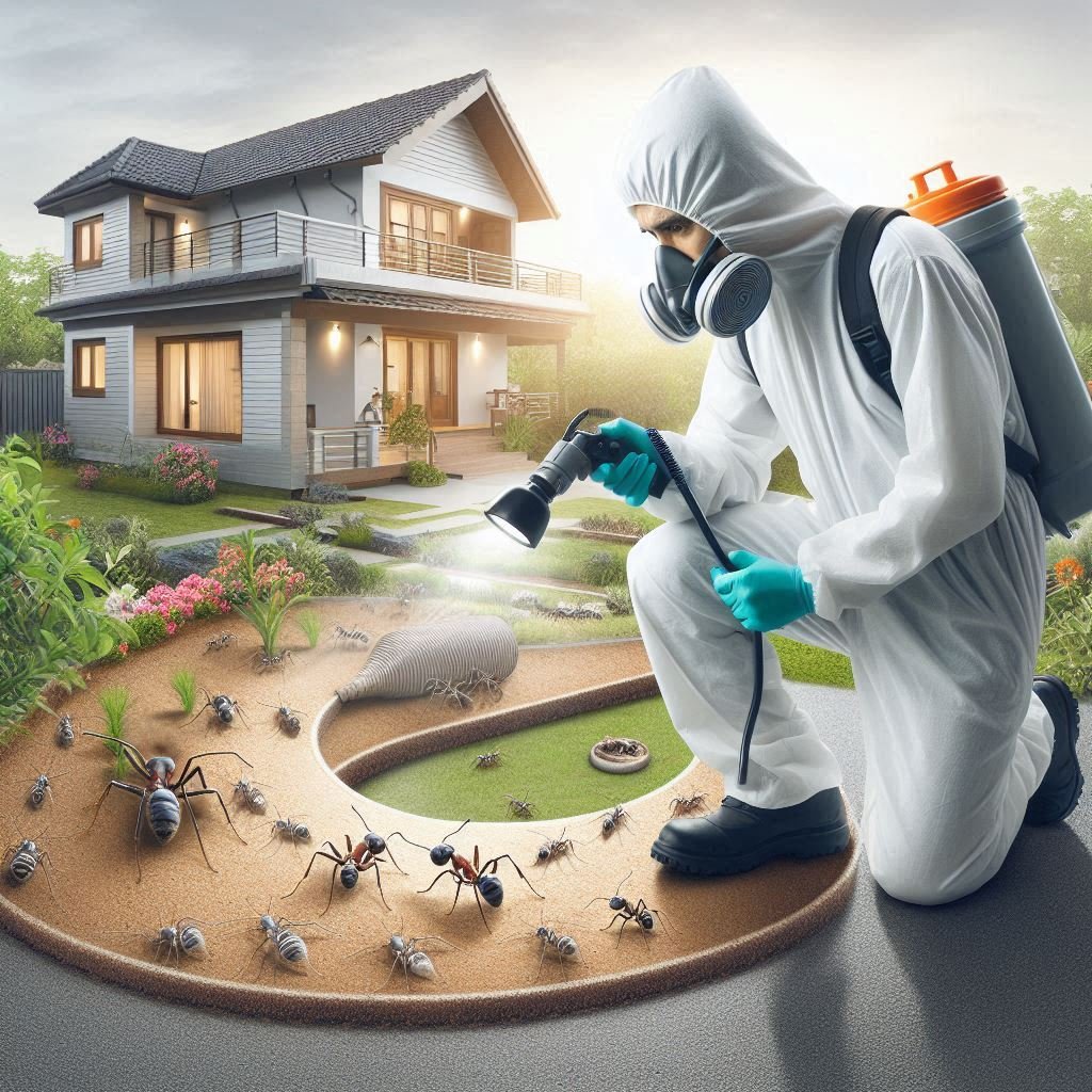 A pest control professional inspecting an ant colony near a house, using bait systems and perimeter treatments for ant removal.