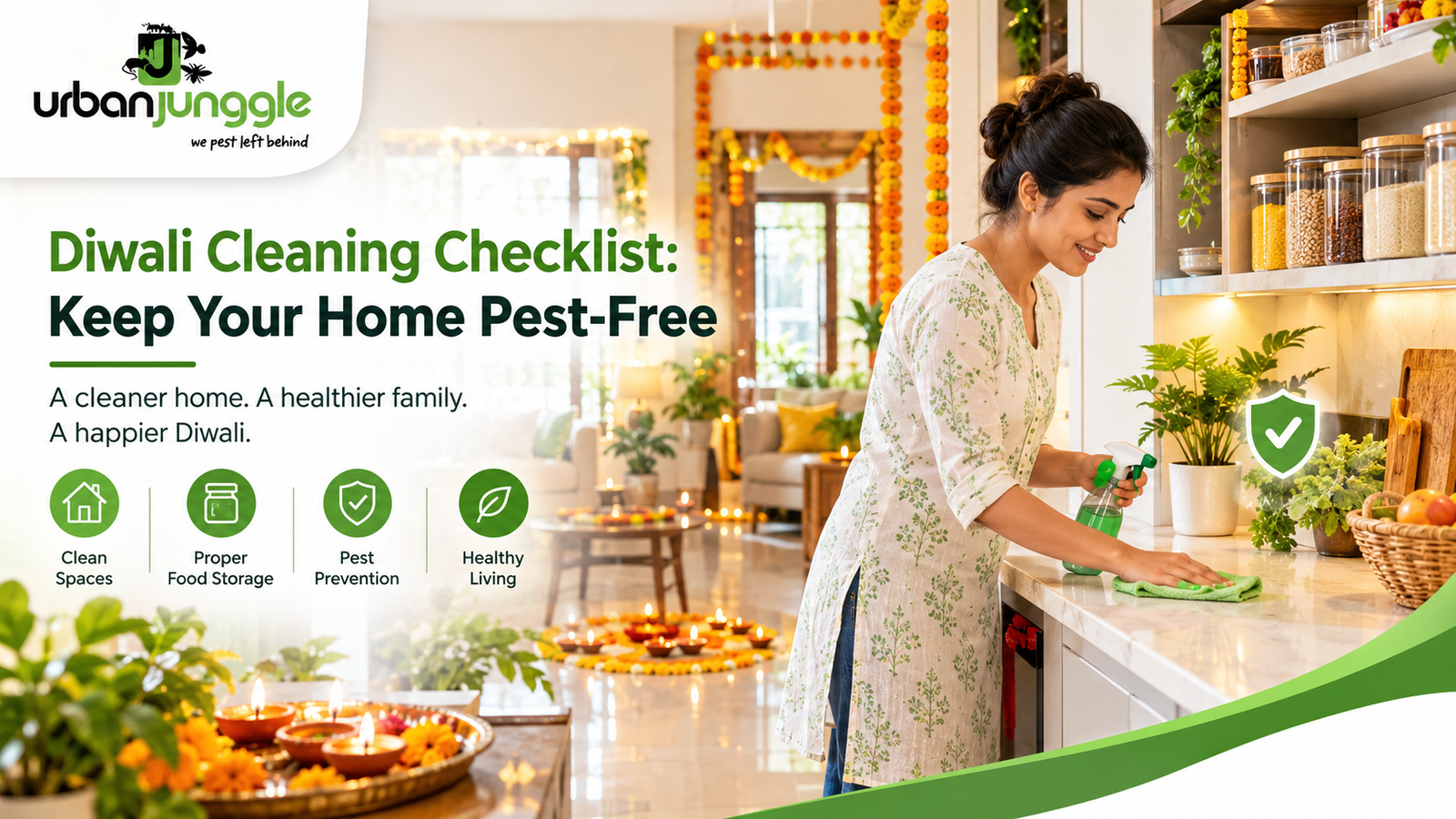 Urban Junggle Diwali cleaning checklist to keep your home pest-free with festive home cleaning and pest prevention tips.